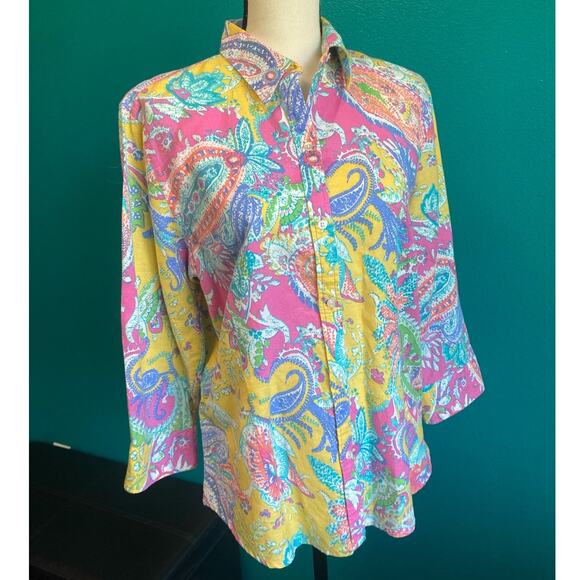 Chaps Classics Linen Blend Bright Paisley Button Up Blouse Women's Large - Picture 3 of 8